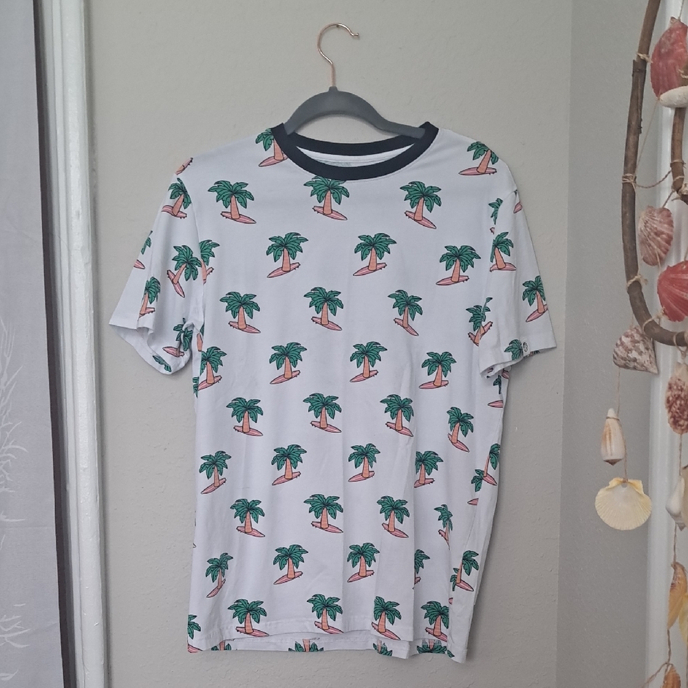 Free Planet White Tee with Green and Pink Palm Print